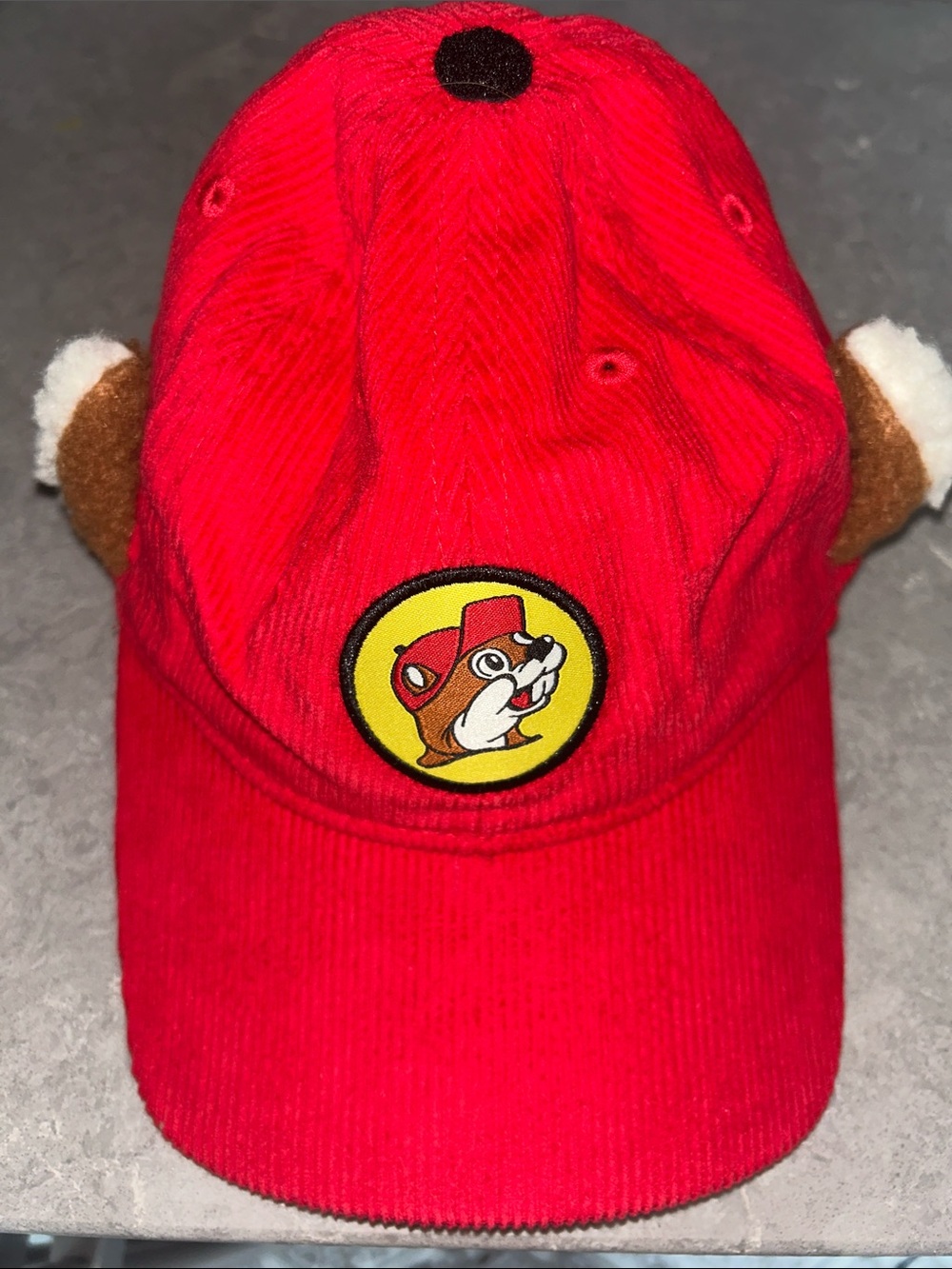 Buc-ee's Red Corduroy Snapback Hat with Ears, Adjustable Youth Size